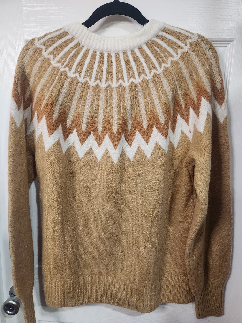 French Connection Essentials M Camel Cream Fair Isle Nordic Sweater Nwot